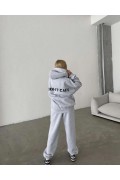 Kadın Nakış İşlemeli 3 İplik Pamuklu Sweat Alt-Üst Takım- Gri