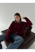 kadın Deri Yakalı Pamuk dokulu Çift Taraflı Çalışan Fermuar Ceket - Bordo