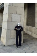 Kadın 3 İplik Pamuklu Yakalı Sweat Baggy Pantolonlu Alt-Üst Takım - Siyah