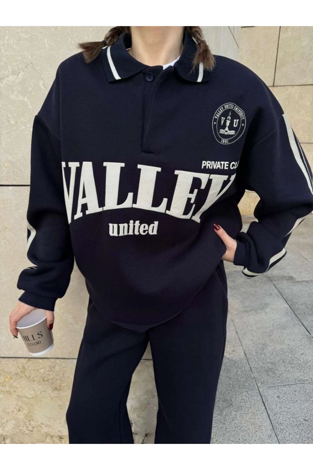 Kadın 3 İplik Pamuklu Yakalı Sweat Baggy Pantolonlu Alt-Üst Takım - Siyah