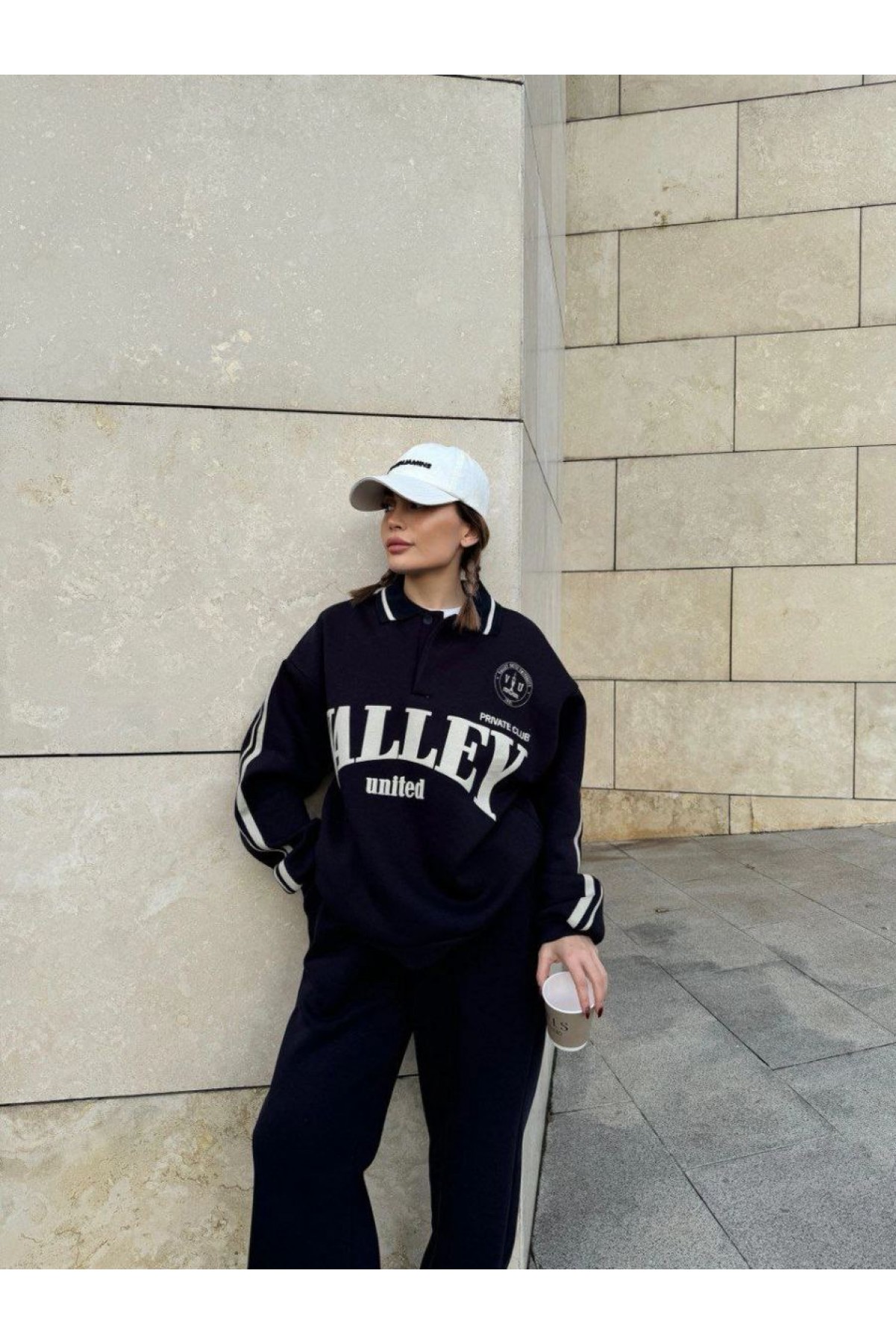 Kadın 3 İplik Pamuklu Yakalı Sweat Baggy Pantolonlu Alt-Üst Takım - Siyah