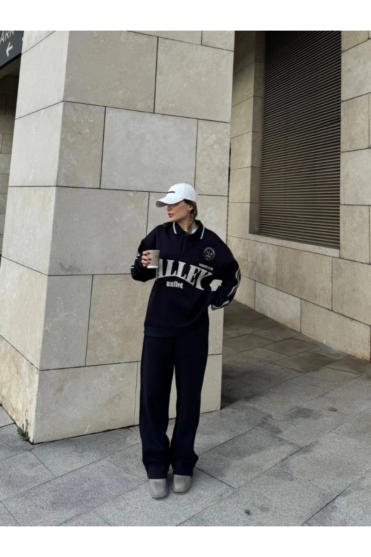 Kadın 3 İplik Pamuklu Yakalı Sweat Baggy Pantolonlu Alt-Üst Takım - Siyah