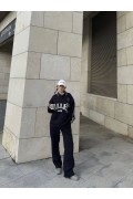 Kadın 3 İplik Pamuklu Yakalı Sweat Baggy Pantolonlu Alt-Üst Takım - Siyah