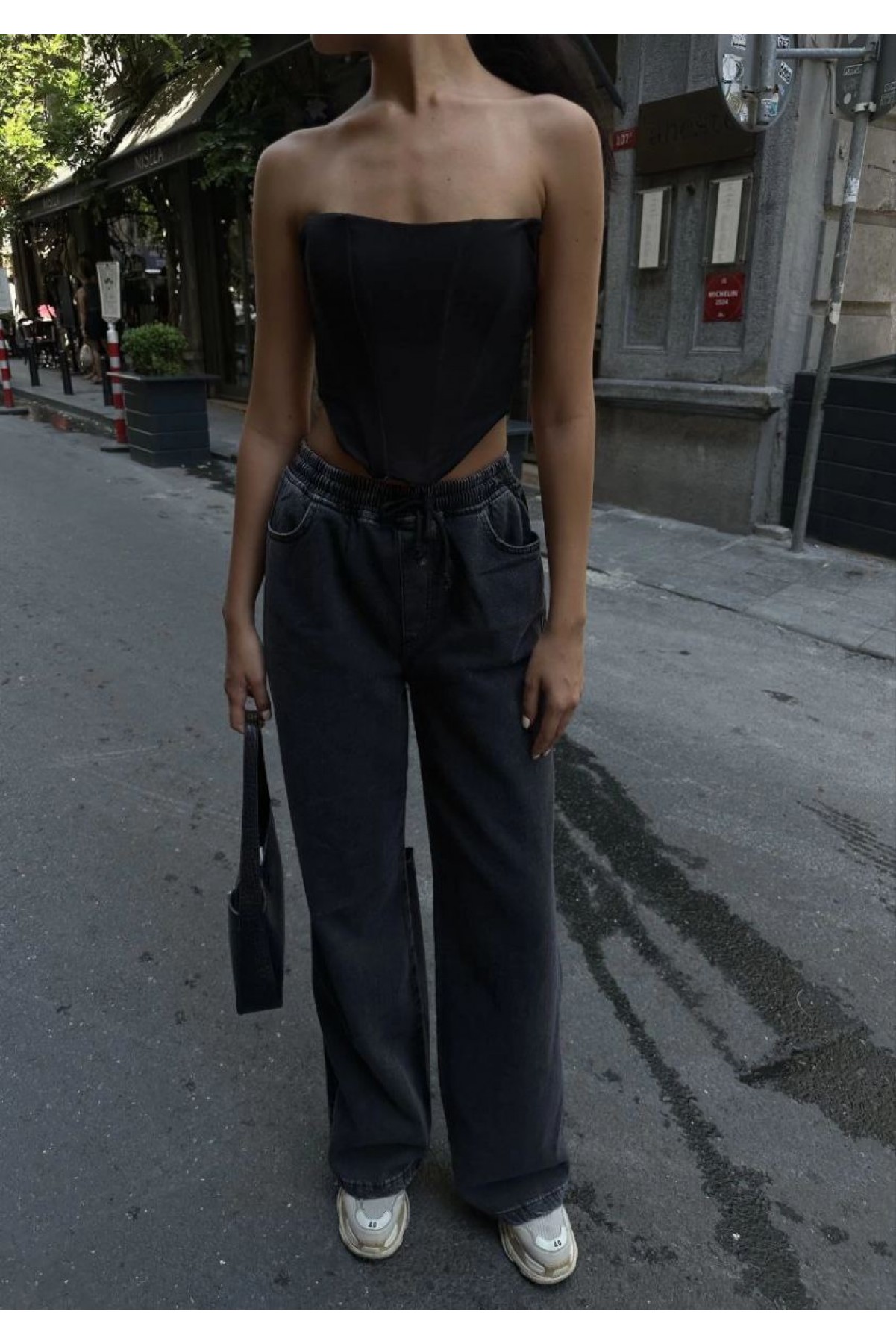 Kadın Arkadan Yırtmaçlı Jeans Kot Palazzo Pantolon - Siyah