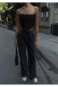 Kadın Arkadan Yırtmaçlı Jeans Kot Palazzo Pantolon - Siyah