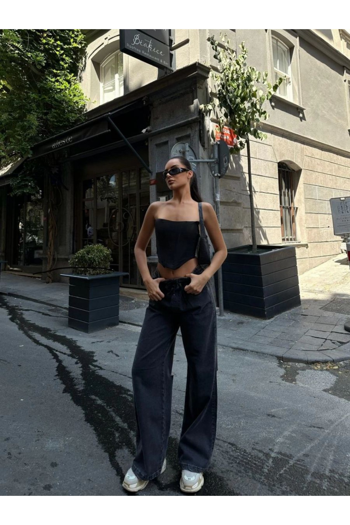 Kadın Arkadan Yırtmaçlı Jeans Kot Palazzo Pantolon - Siyah