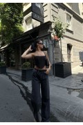 Kadın Arkadan Yırtmaçlı Jeans Kot Palazzo Pantolon - Siyah