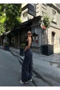 Kadın Arkadan Yırtmaçlı Jeans Kot Palazzo Pantolon - Siyah