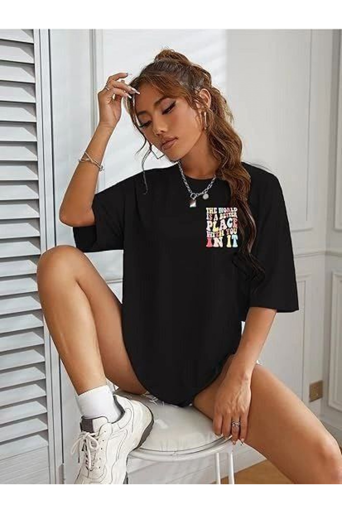 Kadın Baskılı T-Shirt Kısa Kol Bisiklet Yaka Oversize Rahat Kalıp Tişört - Siyah