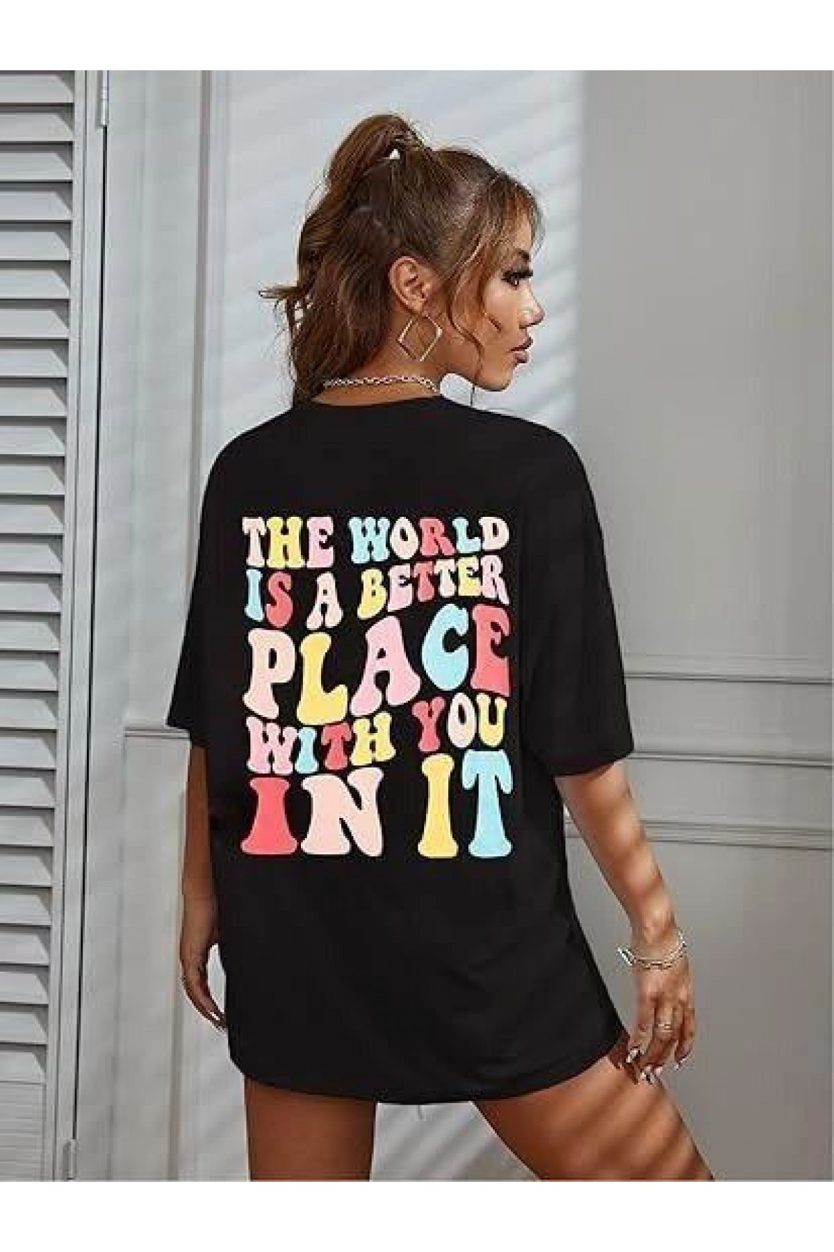 Kadın Baskılı T-Shirt Kısa Kol Bisiklet Yaka Oversize Rahat Kalıp Tişört - Siyah