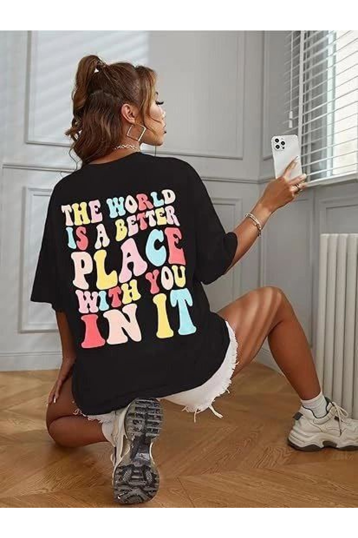 Kadın Baskılı T-Shirt Kısa Kol Bisiklet Yaka Oversize Rahat Kalıp Tişört - Siyah