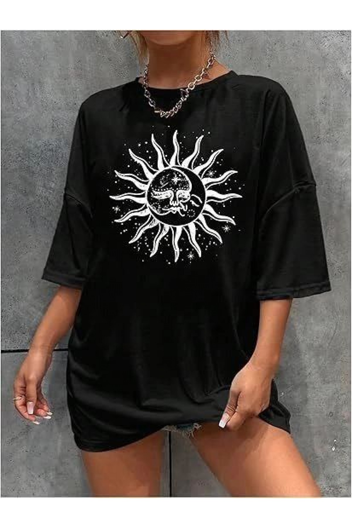 Kadın Baskılı T-Shirt Kısa Kol Bisiklet Yaka Regular Fit Rahat Kalıp Tişört - Siyah