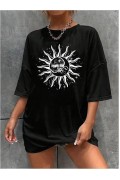 Kadın Baskılı T-Shirt Kısa Kol Bisiklet Yaka Regular Fit Rahat Kalıp Tişört - Siyah