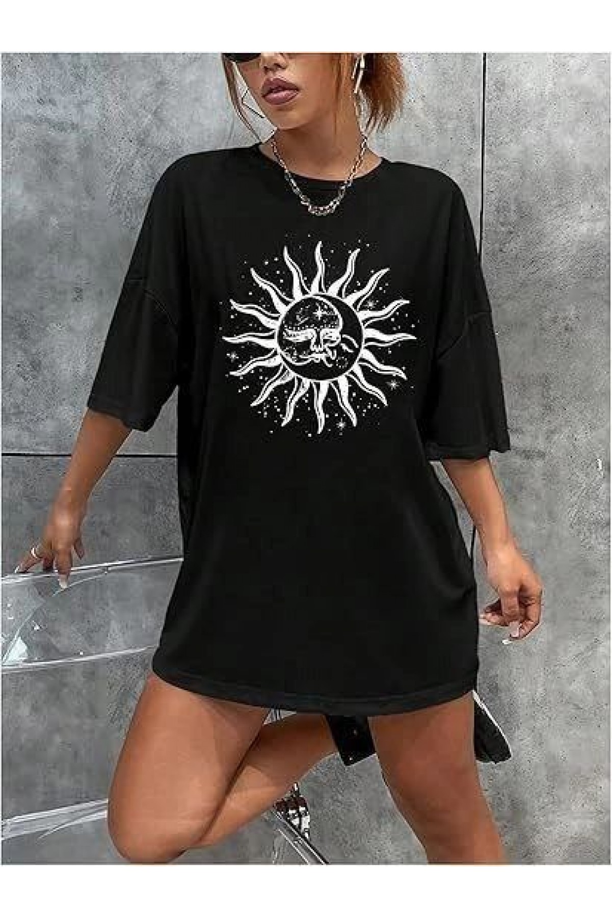 Kadın Baskılı T-Shirt Kısa Kol Bisiklet Yaka Regular Fit Rahat Kalıp Tişört - Siyah
