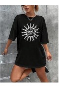 Kadın Baskılı T-Shirt Kısa Kol Bisiklet Yaka Regular Fit Rahat Kalıp Tişört - Siyah