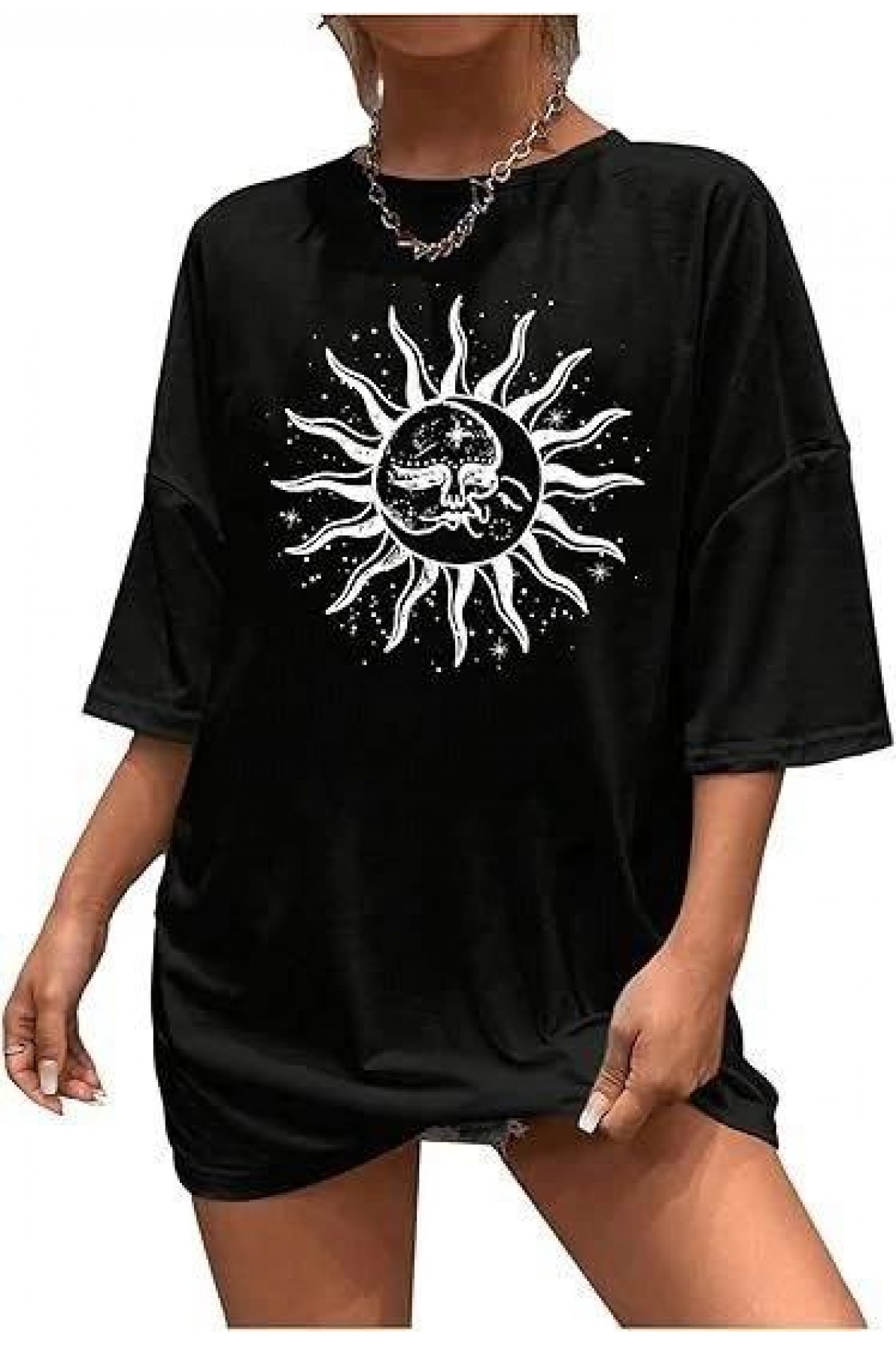 Kadın Baskılı T-Shirt Kısa Kol Bisiklet Yaka Regular Fit Rahat Kalıp Tişört - Siyah