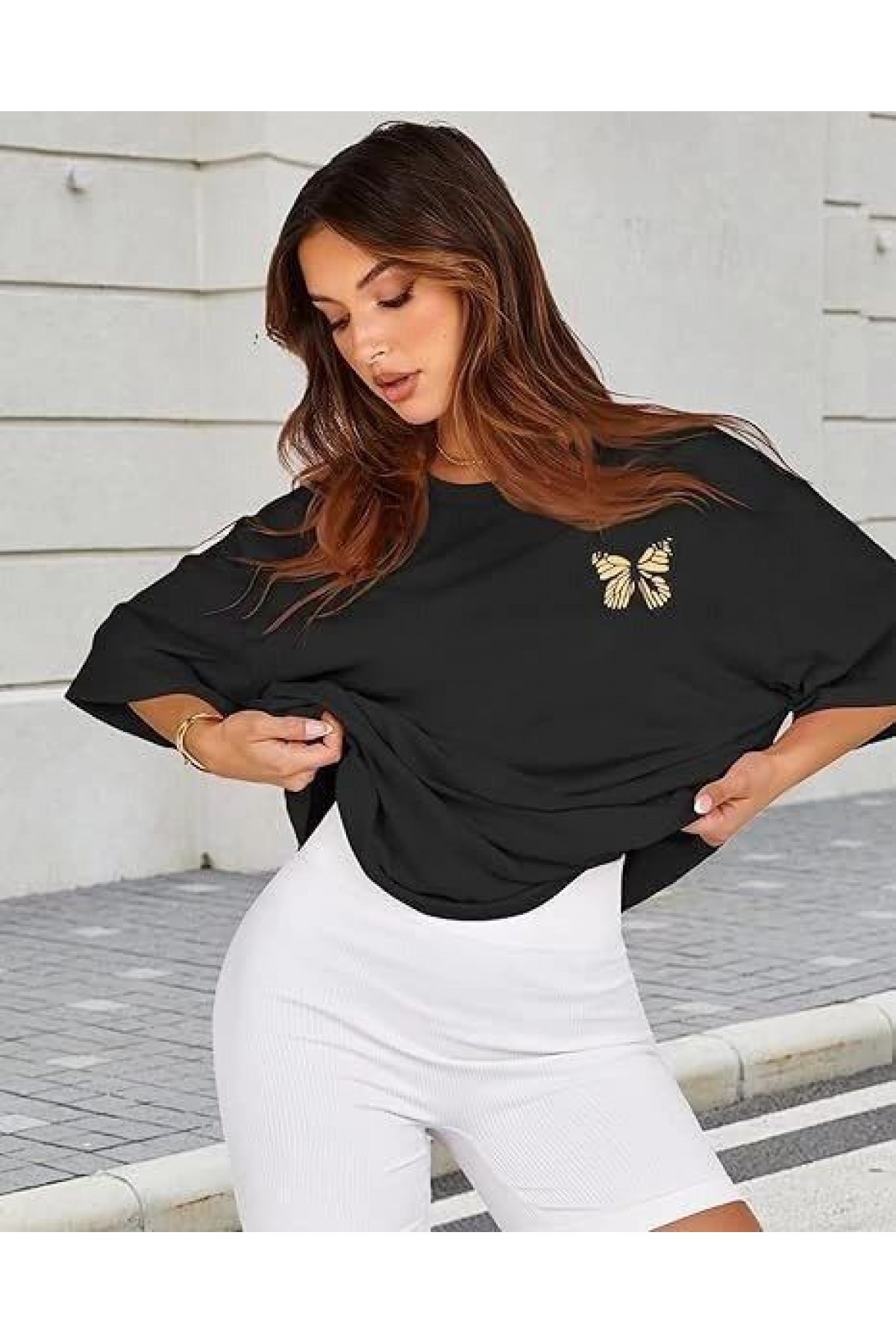 Kadın Baskılı T-Shirt Kısa Kol Bisiklet Yaka Oversize Rahat Kalıp Tişört - Siyah