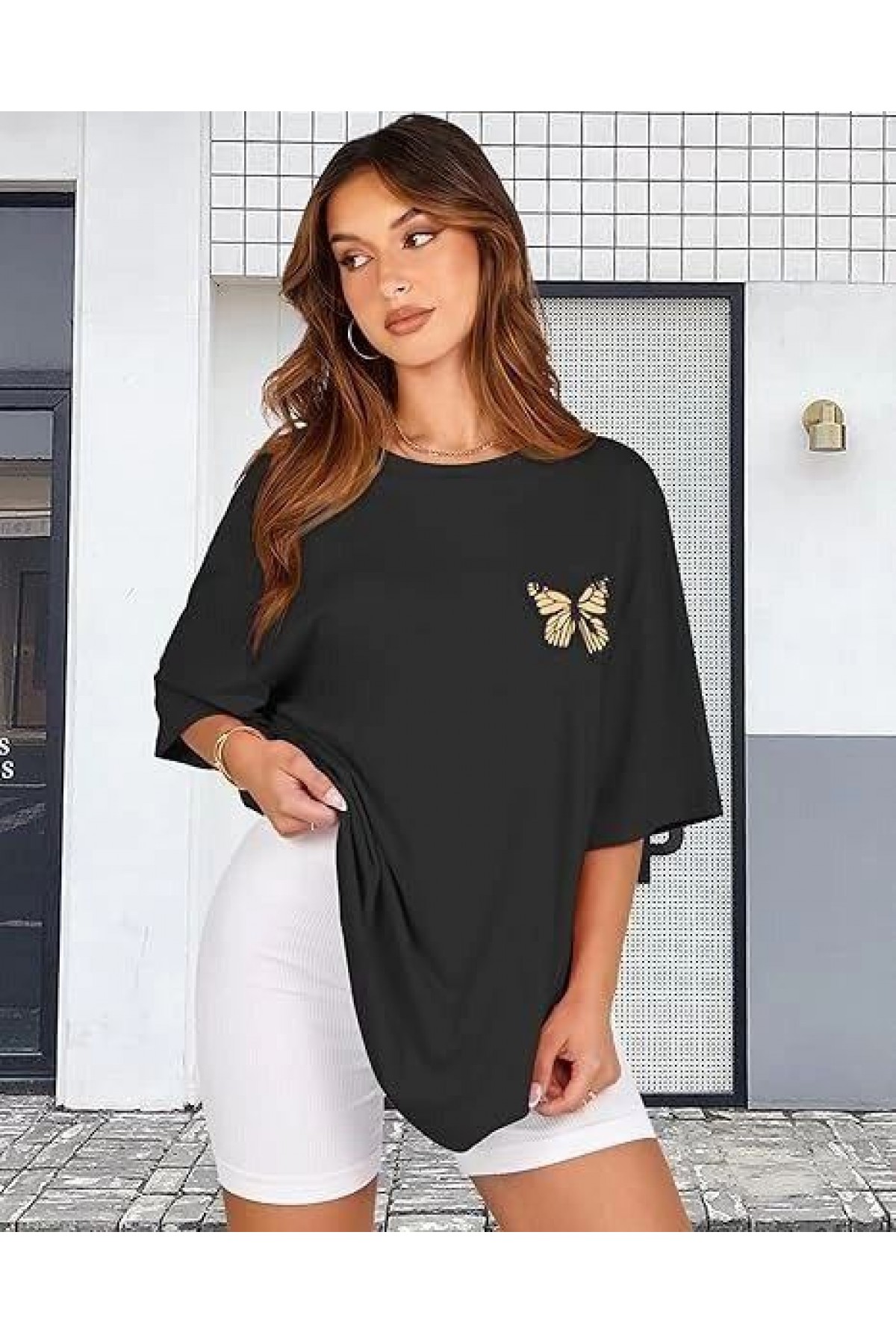 Kadın Baskılı T-Shirt Kısa Kol Bisiklet Yaka Oversize Rahat Kalıp Tişört - Siyah