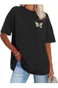 Kadın Baskılı T-Shirt Kısa Kol Bisiklet Yaka Oversize Rahat Kalıp Tişört - Siyah
