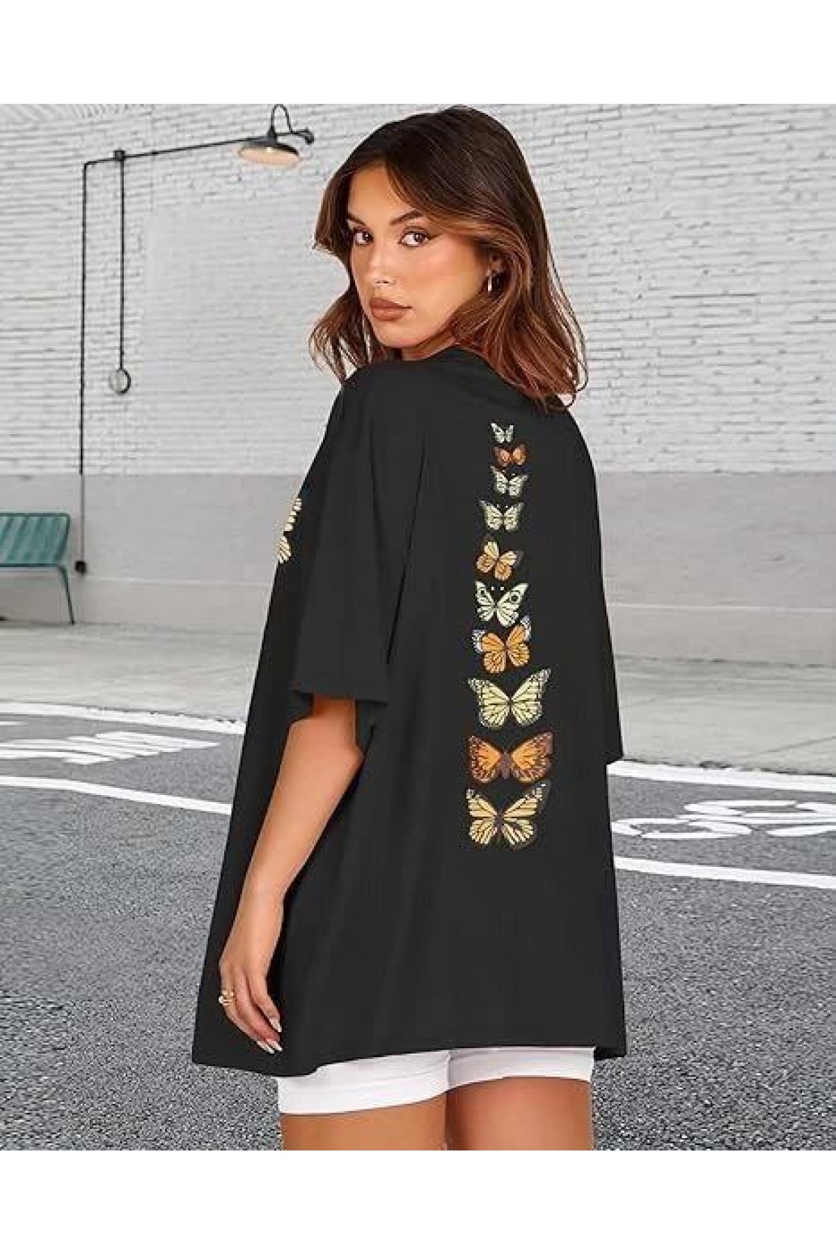 Kadın Baskılı T-Shirt Kısa Kol Bisiklet Yaka Oversize Rahat Kalıp Tişört - Siyah