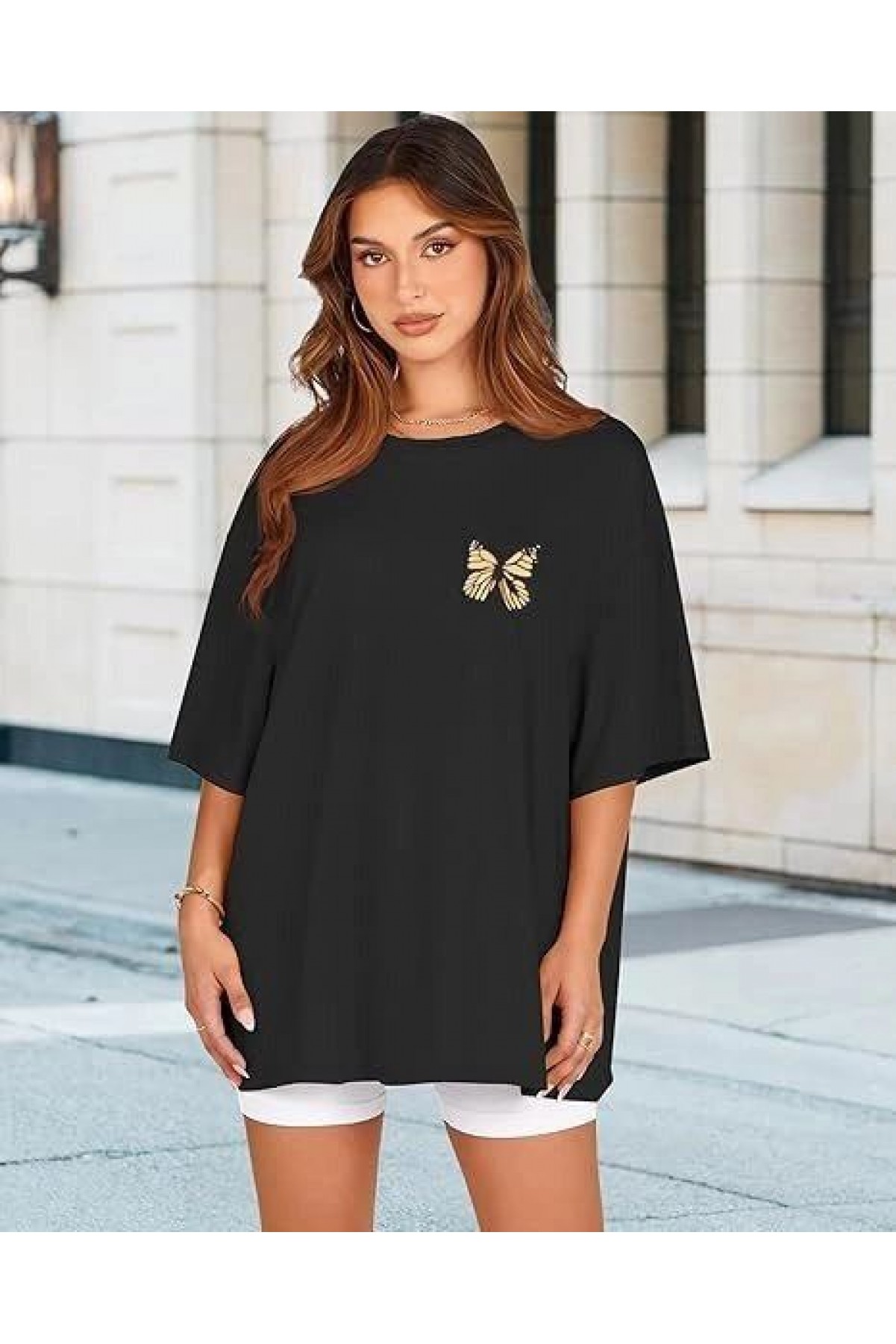Kadın Baskılı T-Shirt Kısa Kol Bisiklet Yaka Oversize Rahat Kalıp Tişört - Siyah