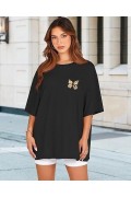 Kadın Baskılı T-Shirt Kısa Kol Bisiklet Yaka Oversize Rahat Kalıp Tişört - Siyah