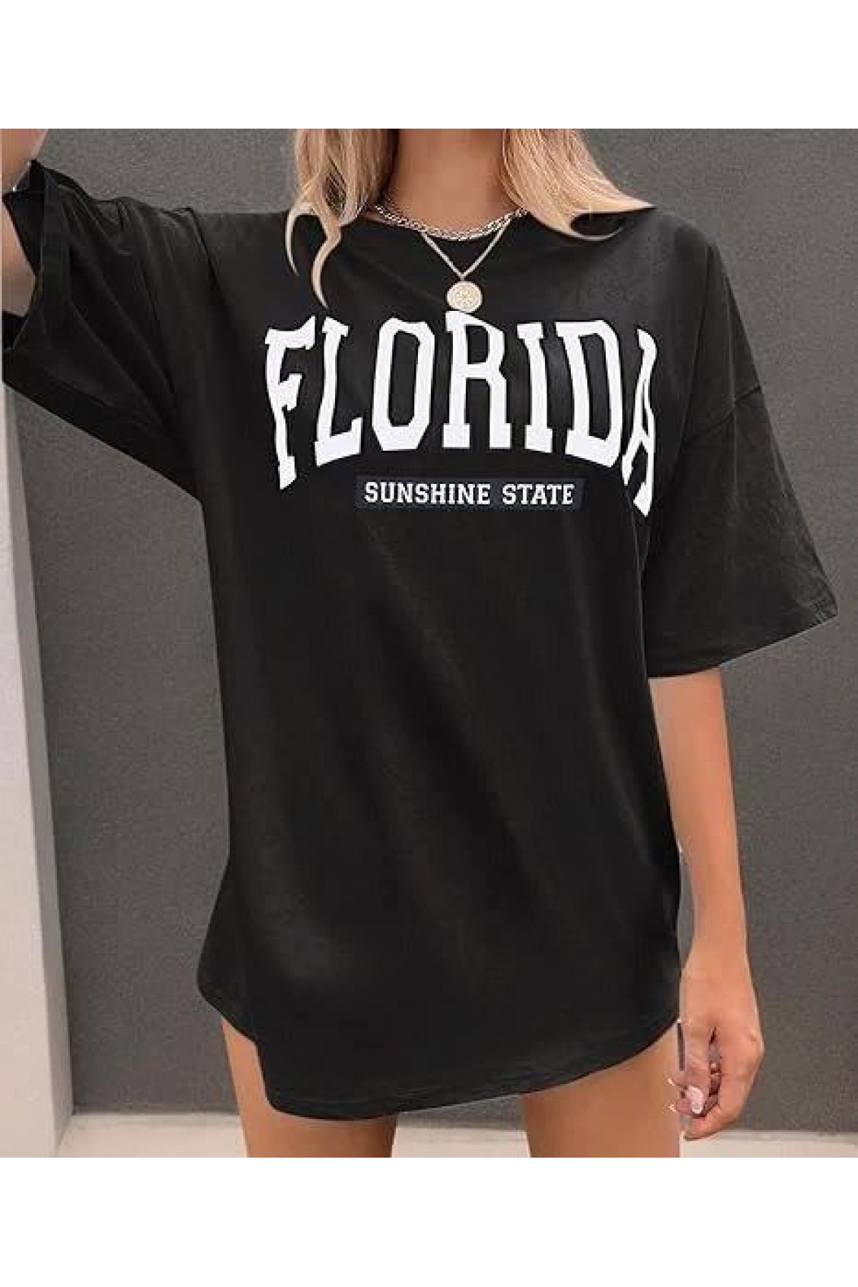 Kadın Kısa Kol Yazlık Tişört Bisiklet Yaka FLORIDA Baskılı T-Shirt - Siyah
