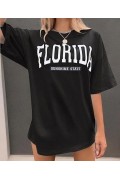 Kadın Kısa Kol Yazlık Tişört Bisiklet Yaka FLORIDA Baskılı T-Shirt - Siyah