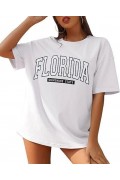 Kadın Kısa Kol Yazlık Tişört Bisiklet Yaka FLORIDA Baskılı T-Shirt - Beyaz