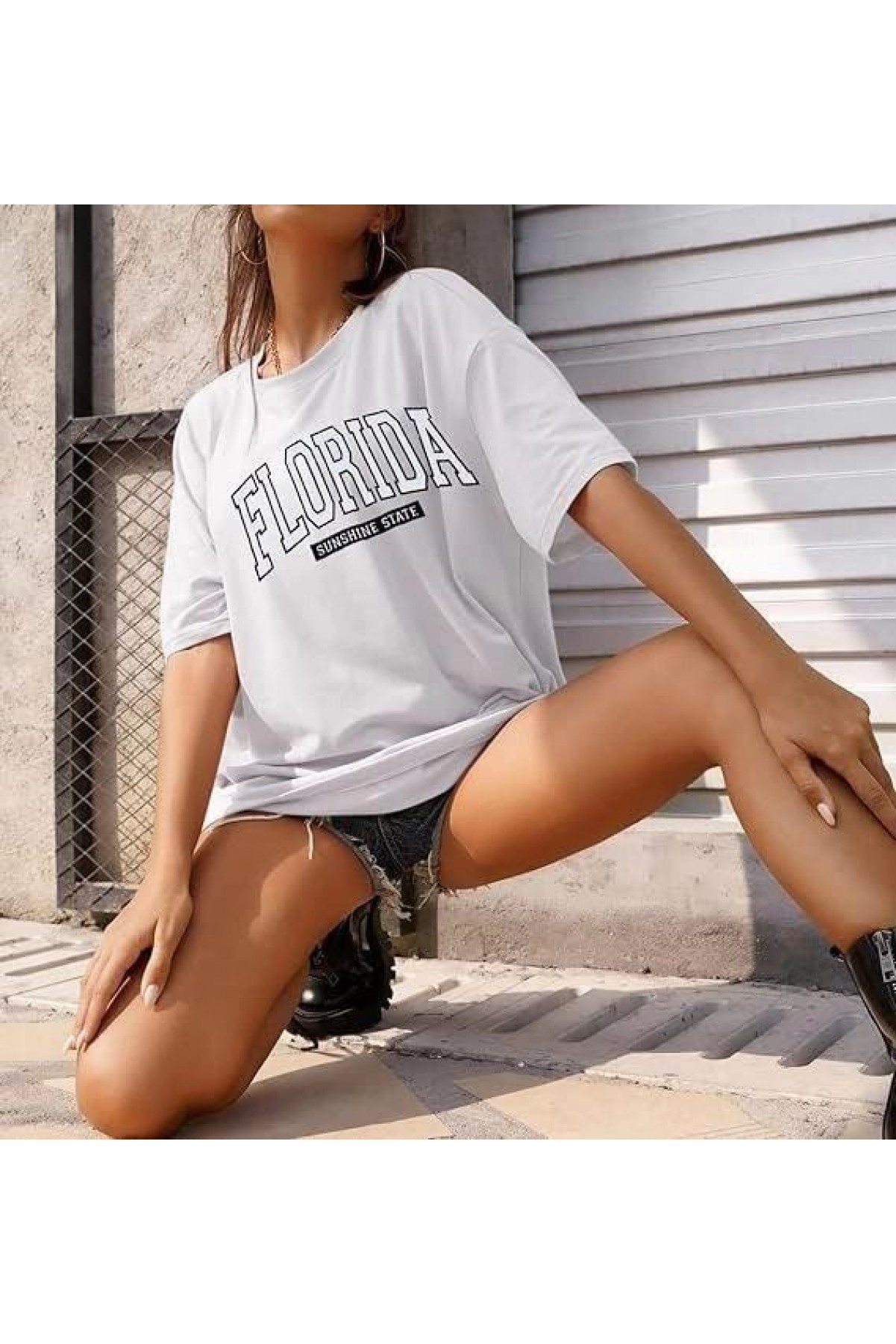 Kadın Kısa Kol Yazlık Tişört Bisiklet Yaka FLORIDA Baskılı T-Shirt - Beyaz