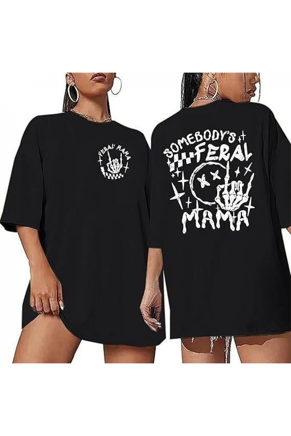 Kadın Baskılı T-Shirt Kısa Kol Bisiklet Yaka Oversize Rahat Kalıp Tişört - Siyah