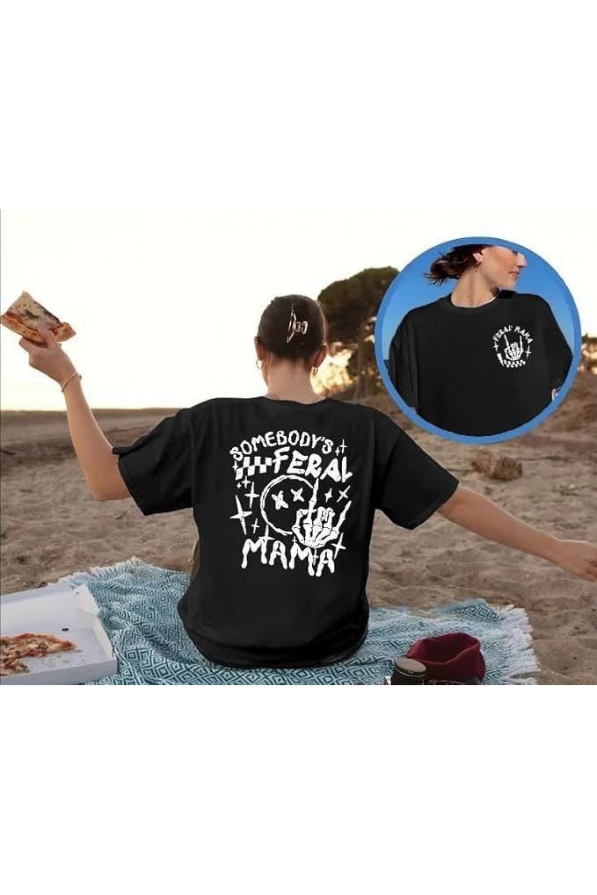 Kadın Baskılı T-Shirt Kısa Kol Bisiklet Yaka Oversize Rahat Kalıp Tişört - Siyah