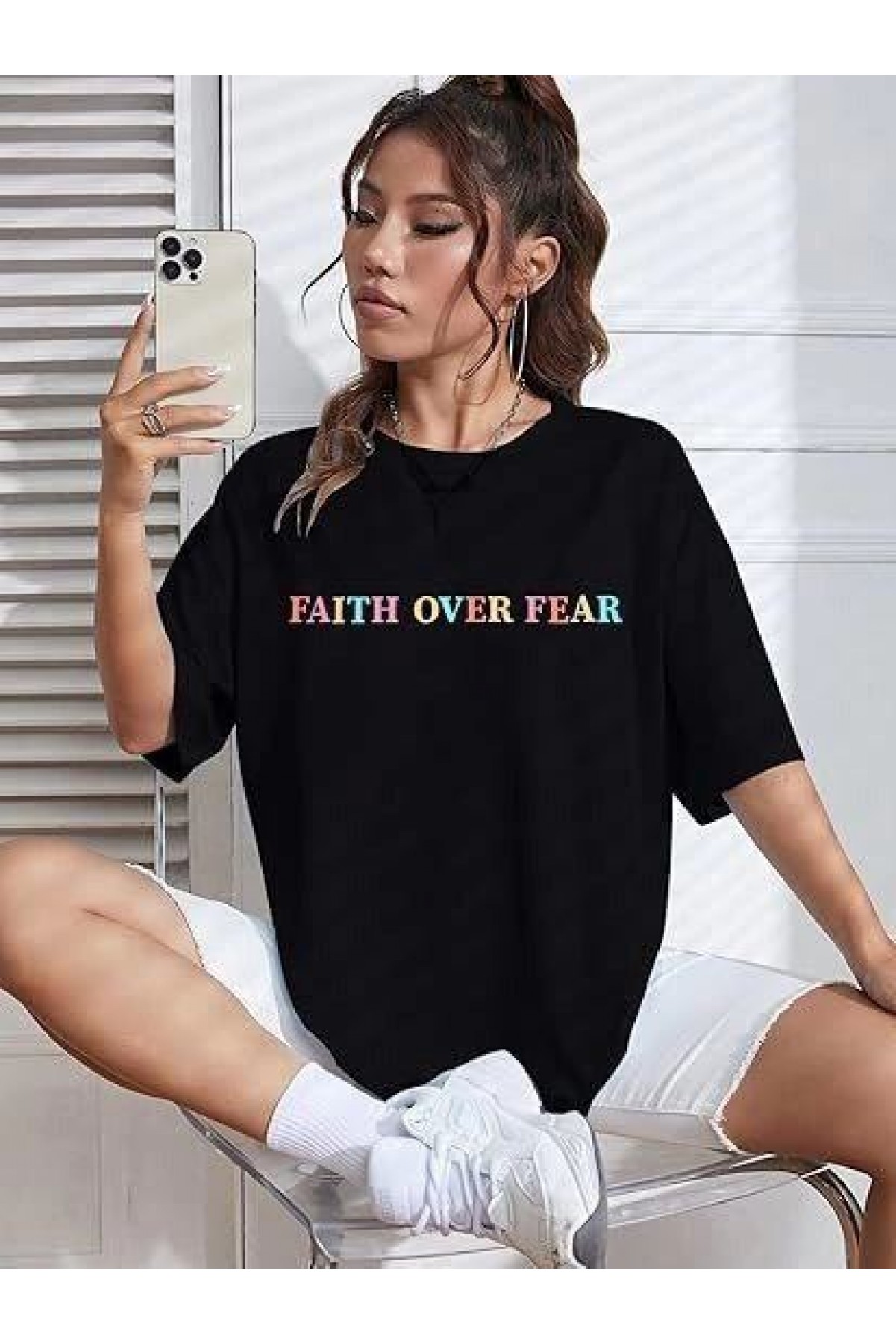 Kadın Baskılı T-Shirt Kısa Kol Bisiklet Yaka Oversize Rahat Kalıp Tişört - Siyah