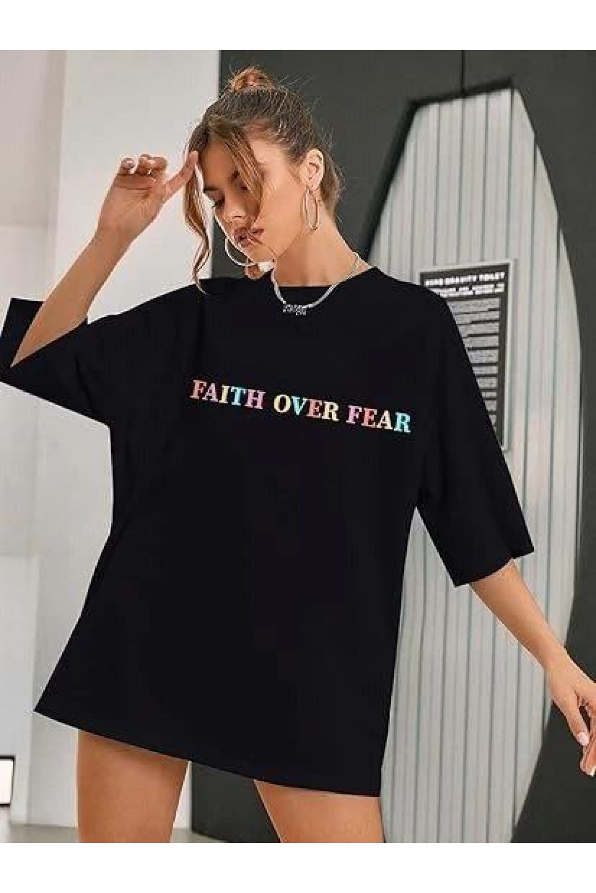 Kadın Baskılı T-Shirt Kısa Kol Bisiklet Yaka Oversize Rahat Kalıp Tişört - Siyah
