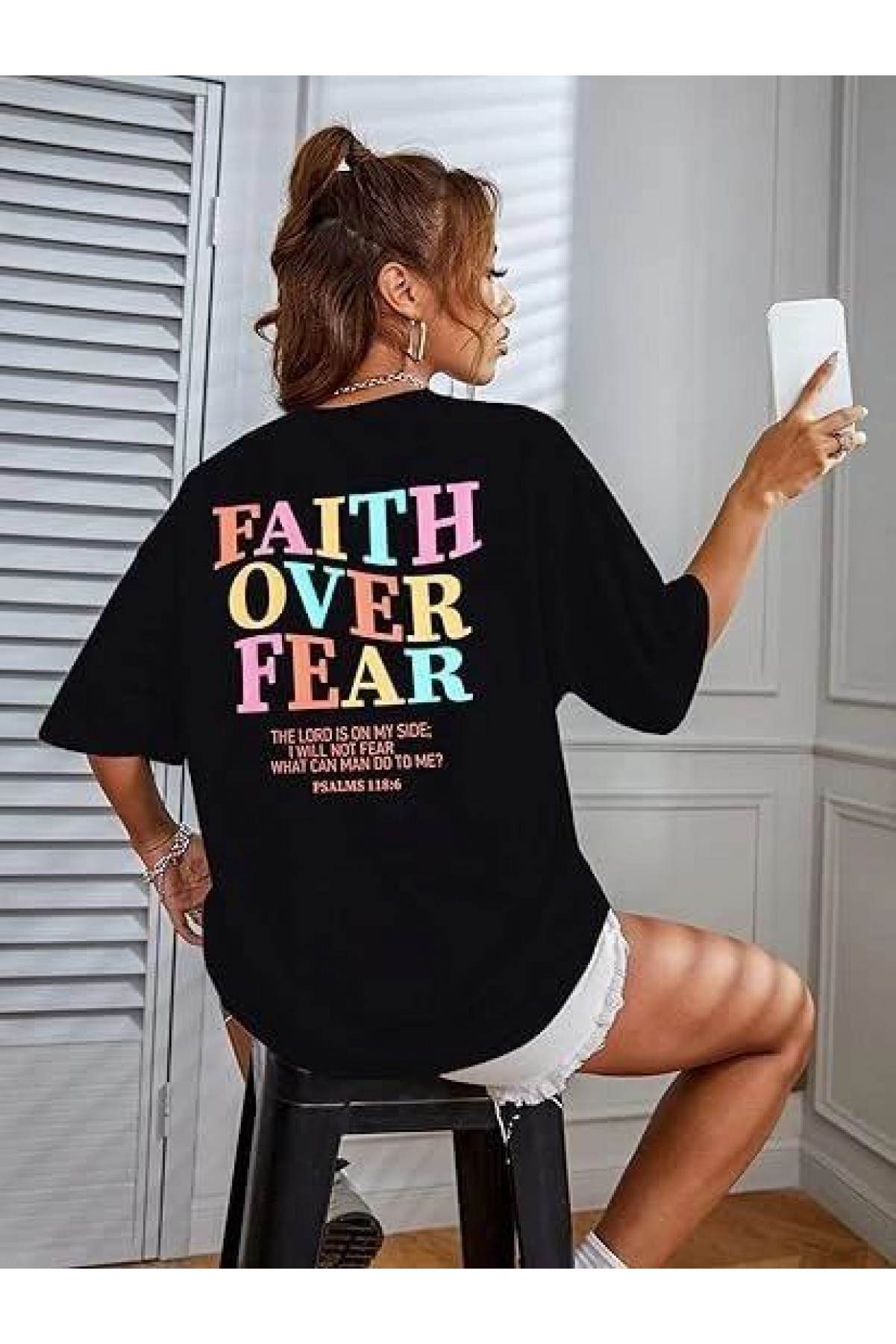 Kadın Baskılı T-Shirt Kısa Kol Bisiklet Yaka Oversize Rahat Kalıp Tişört - Siyah