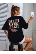 Kadın Baskılı T-Shirt Kısa Kol Bisiklet Yaka Oversize Rahat Kalıp Tişört - Siyah