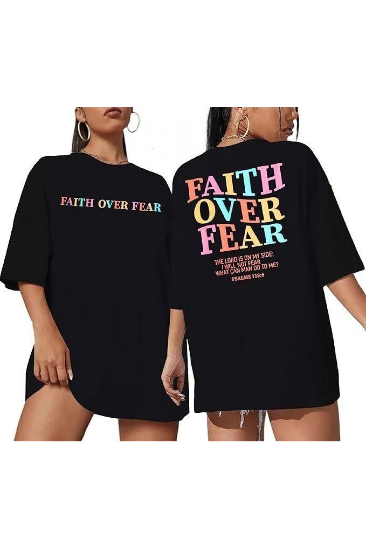 Kadın Baskılı T-Shirt Kısa Kol Bisiklet Yaka Oversize Rahat Kalıp Tişört - Siyah