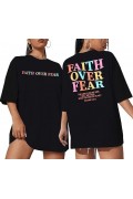Kadın Baskılı T-Shirt Kısa Kol Bisiklet Yaka Oversize Rahat Kalıp Tişört - Siyah