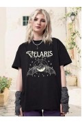 Kadın Baskılı T-Shirt Kısa Kol Bisiklet Yaka Oversize Rahat Kalıp Tişört - Siyah