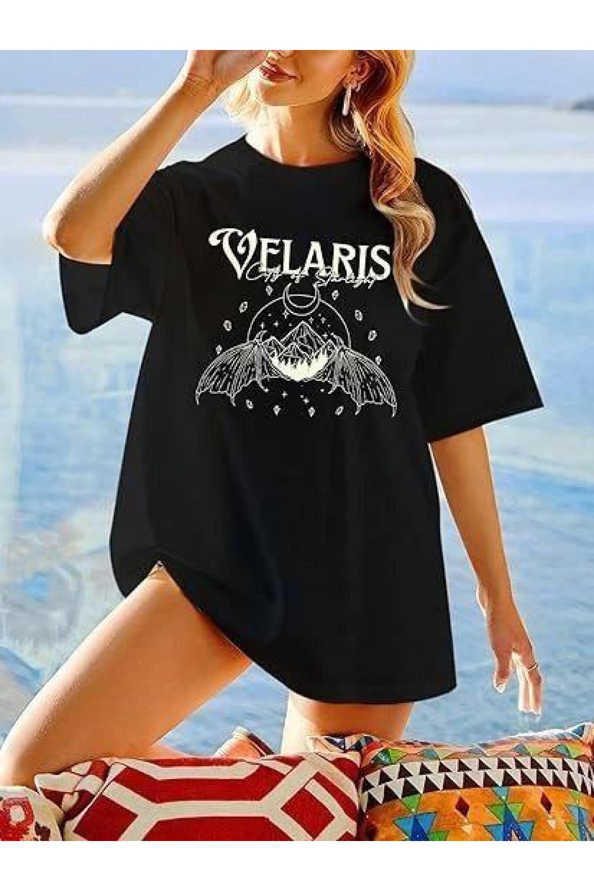 Kadın Baskılı T-Shirt Kısa Kol Bisiklet Yaka Oversize Rahat Kalıp Tişört - Siyah