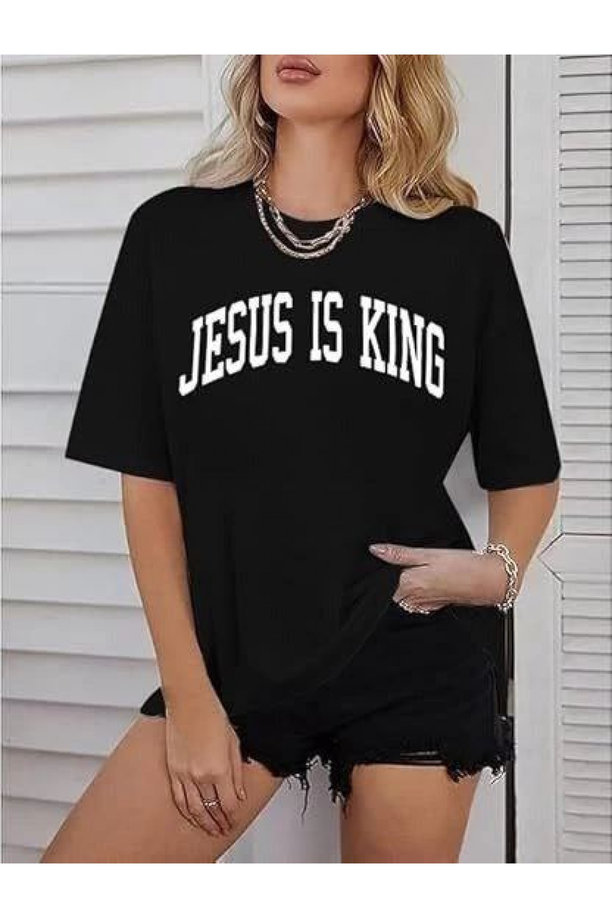 Kadın Baskılı T-Shirt Kısa Kol Bisiklet Yaka Oversize Rahat Kalıp Tişört - Siyah