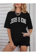 Kadın Baskılı T-Shirt Kısa Kol Bisiklet Yaka Oversize Rahat Kalıp Tişört - Siyah