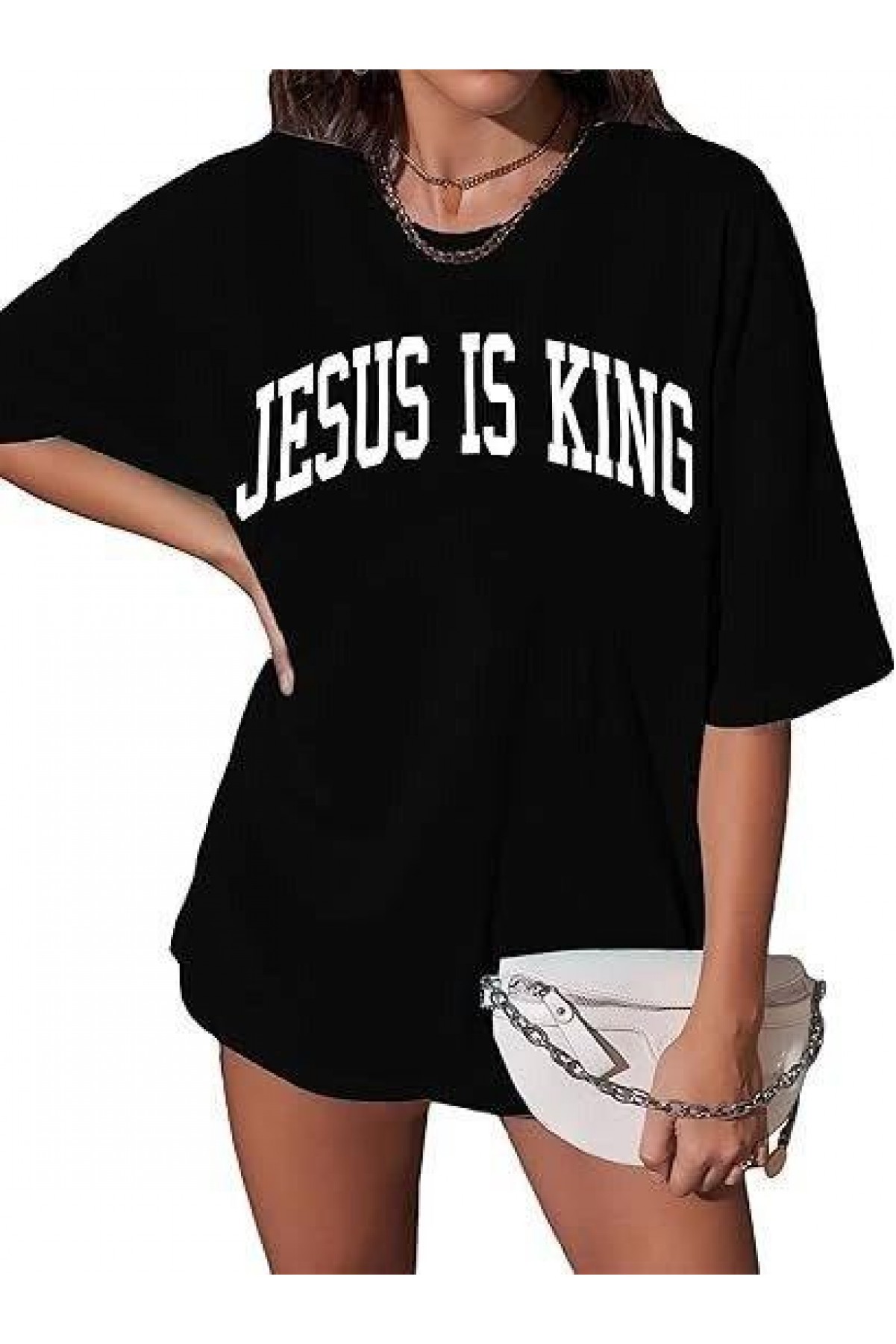 Kadın Baskılı T-Shirt Kısa Kol Bisiklet Yaka Oversize Rahat Kalıp Tişört - Siyah