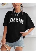 Kadın Baskılı T-Shirt Kısa Kol Bisiklet Yaka Oversize Rahat Kalıp Tişört - Siyah