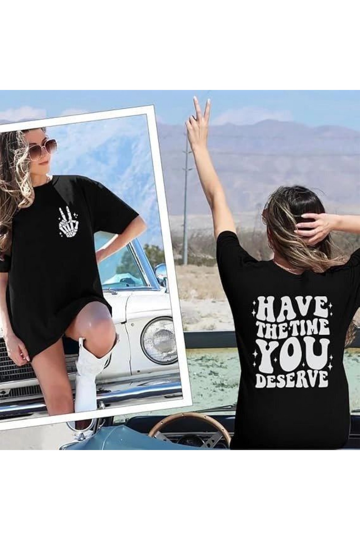 Kadın Baskılı T-Shirt Kısa Kol Bisiklet Yaka Oversize Rahat Kalıp Tişört - Siyah