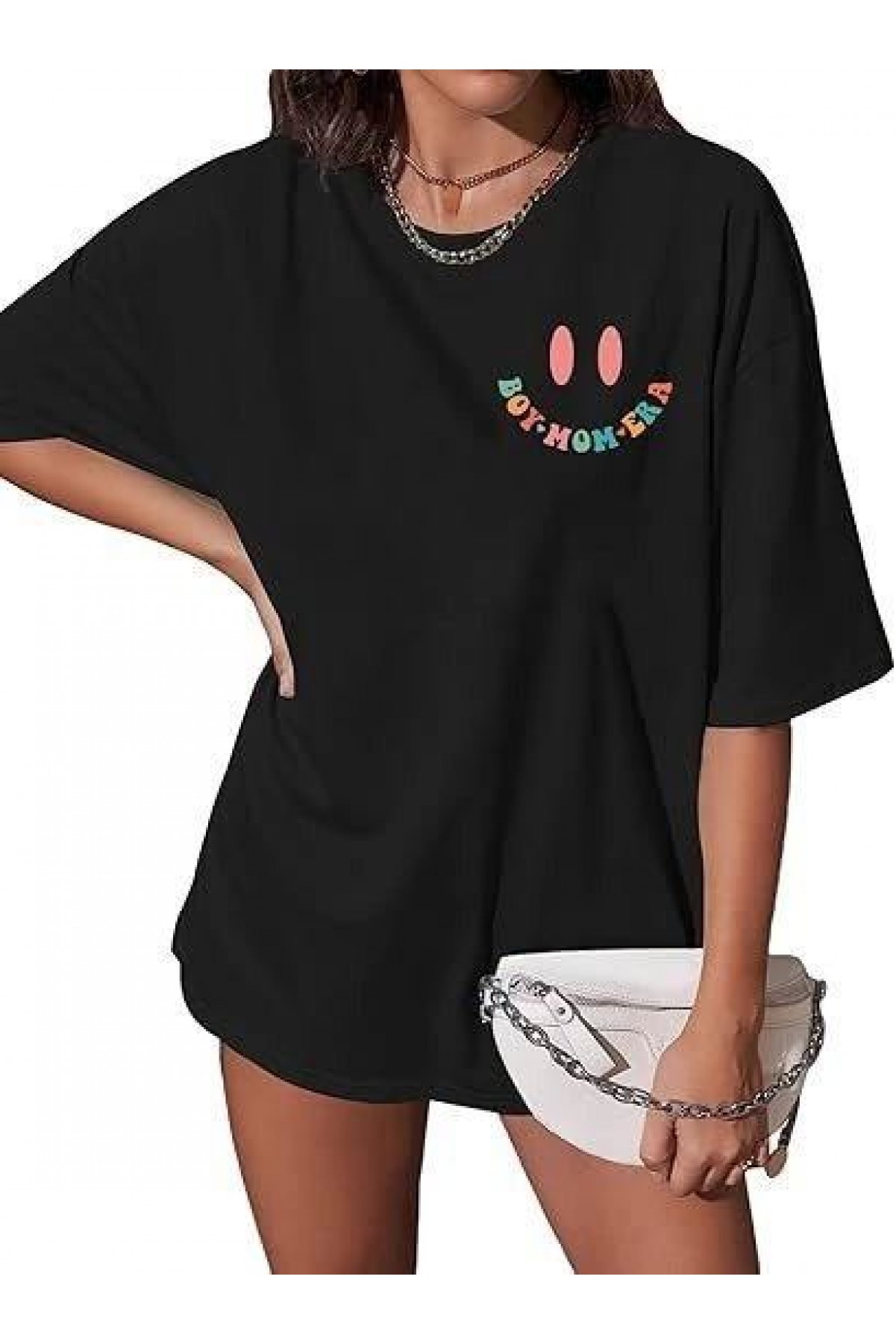 Kadın Baskılı T-Shirt Kısa Kol Bisiklet Yaka Oversize Rahat Kalıp Tişört - Siyah