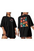 Kadın Baskılı T-Shirt Kısa Kol Bisiklet Yaka Oversize Rahat Kalıp Tişört - Siyah