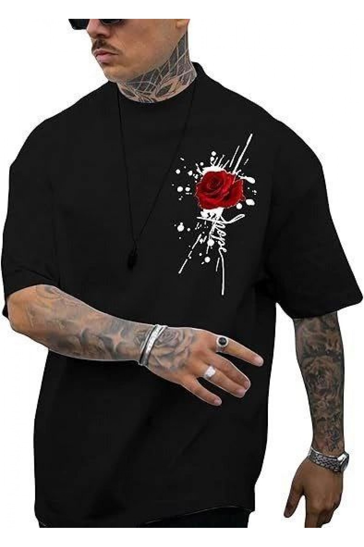 Erkek Kısa Kol Yazlık Tişört Bisiklet Yaka GÜL Baskılı T-Shirt - Siyah