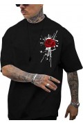Erkek Kısa Kol Yazlık Tişört Bisiklet Yaka GÜL Baskılı T-Shirt - Siyah