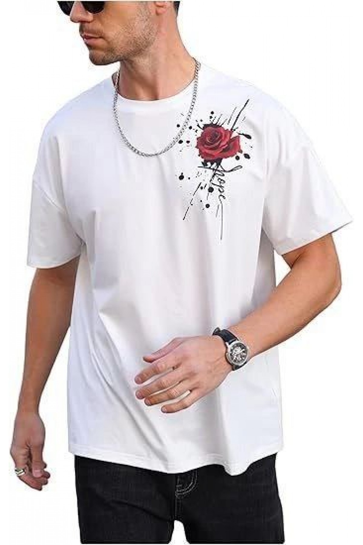 Erkek Kısa Kol Yazlık Tişört Bisiklet Yaka GÜL Baskılı T-Shirt - Beyaz